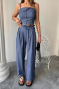 TENCEL CROP ASKILI BLUZ - ŞALVAR PANTOLON TK - İndigo resmi